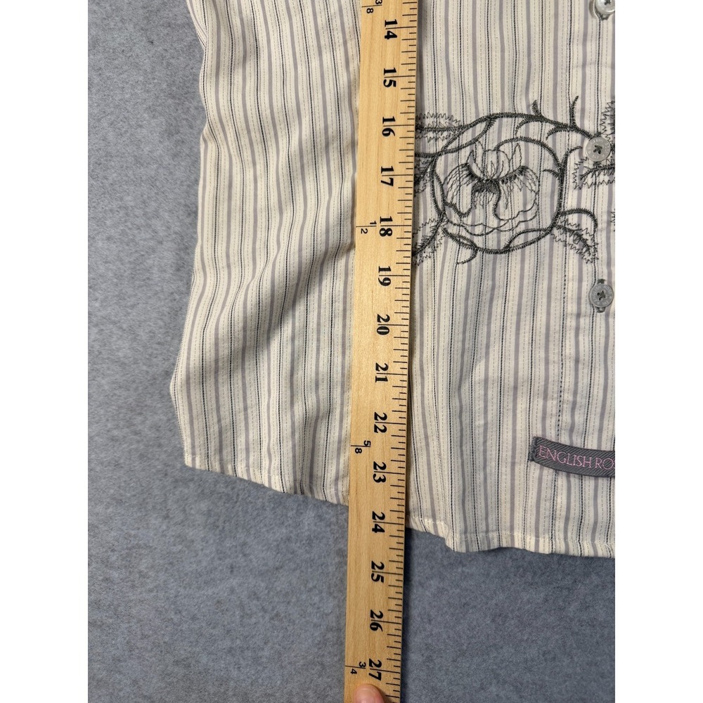 English Rose by EL Blouse Gray Stripe Long Sleeve Embroidered Cotton Sz L SKU242 - Picture 8 of 12